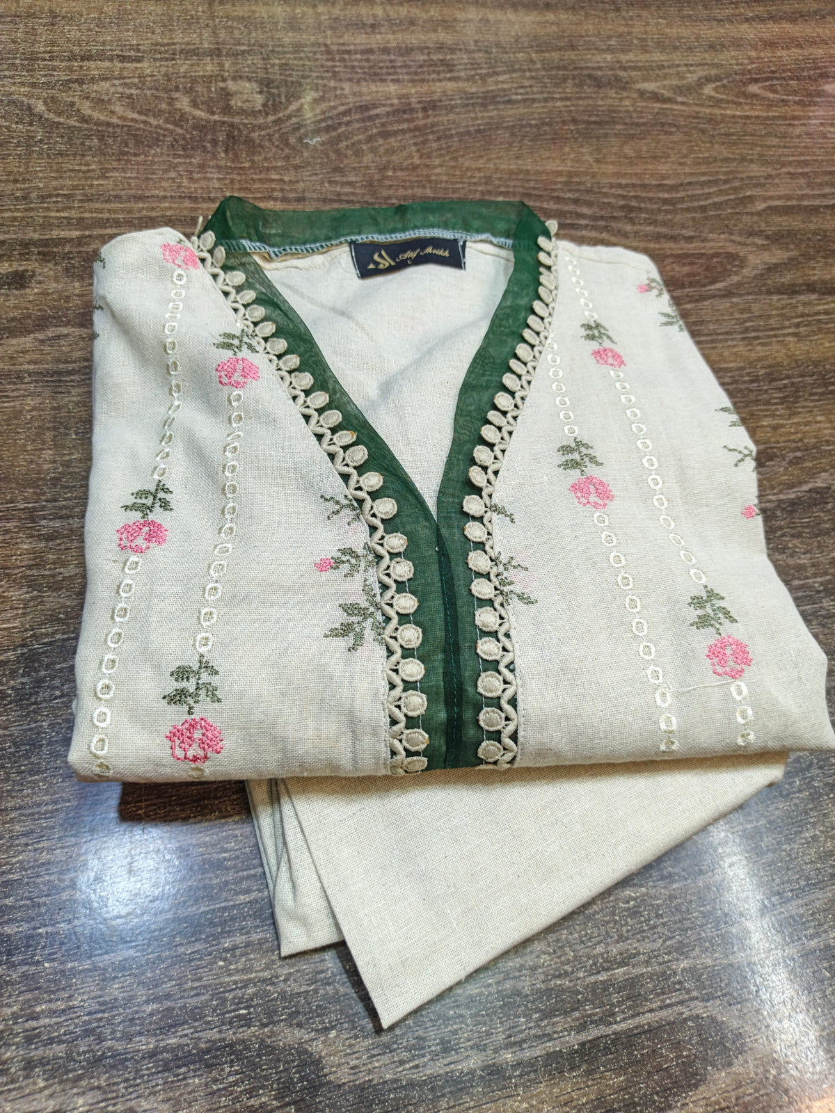 Khaddar embroidered stiched long shirt trouser 3 pc grnfryl