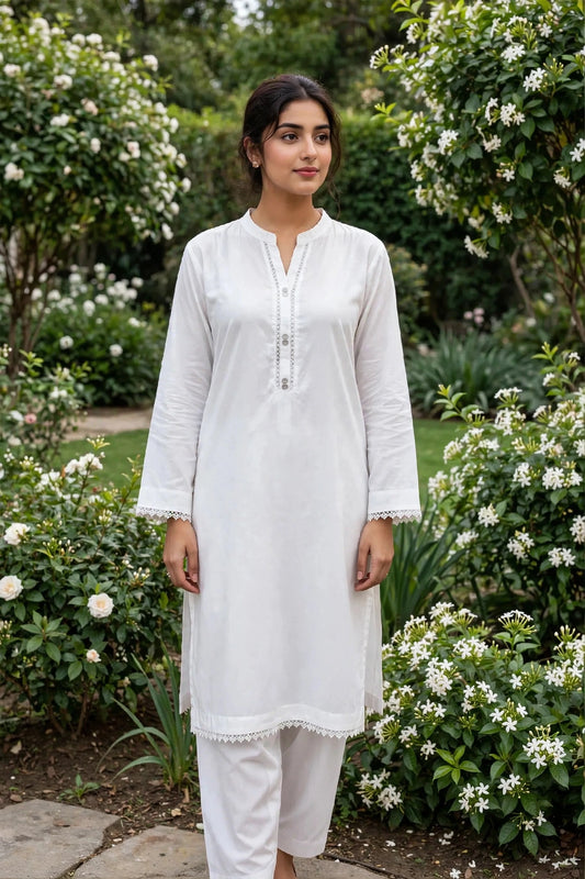 Solid pure lawn stiched shirt and farshi trouser 2 pc white