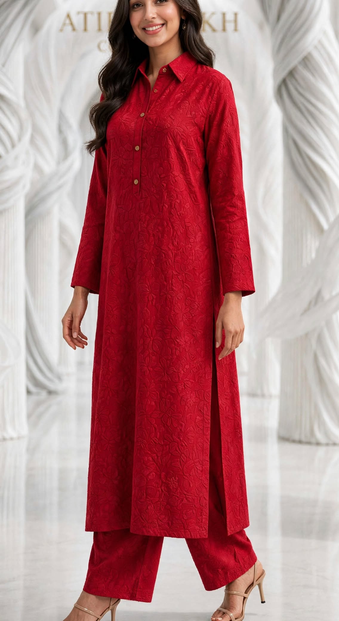 Embossed self jacquard shirt trouser 2pc red