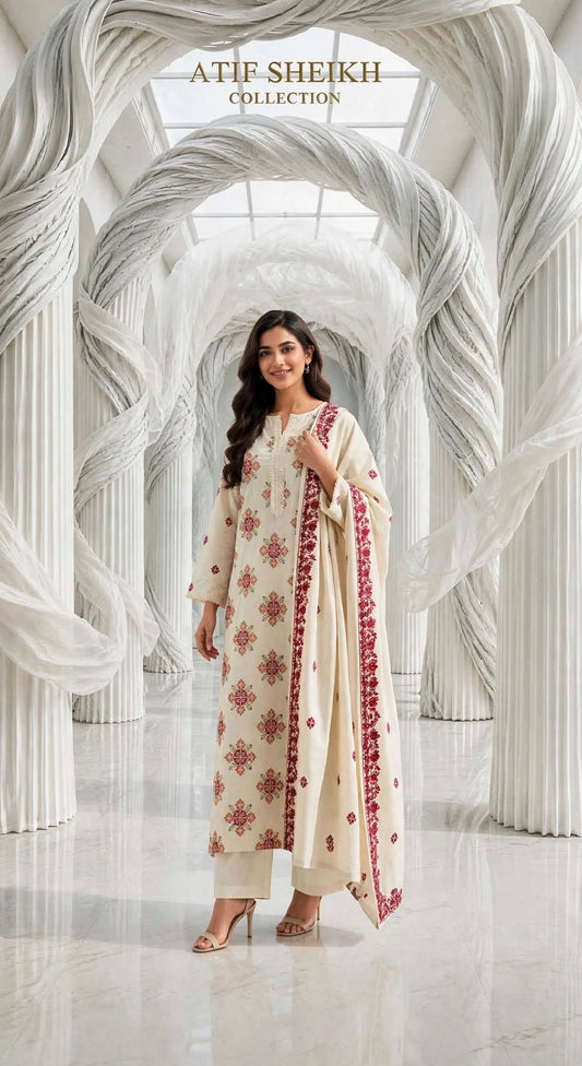 Karandi khaddar embroidered stiched long shirt trouser 3pc crs
