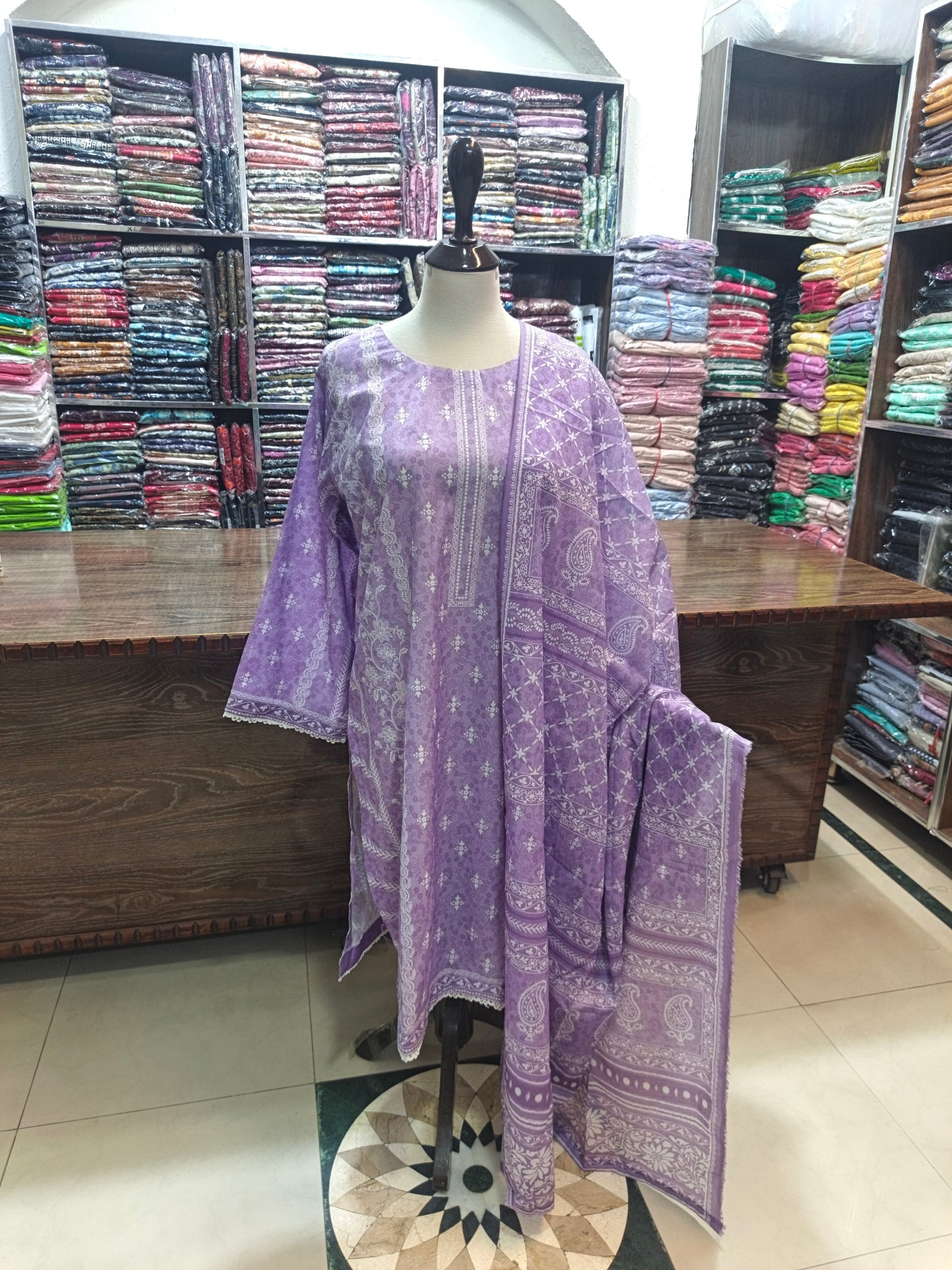 Binsaeed premium lawn stiched shalwar kameez 3 pc lilacwt