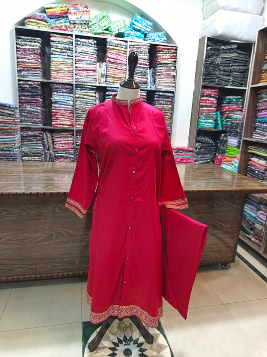 Solid pure lawn long co ord set 2 pc red