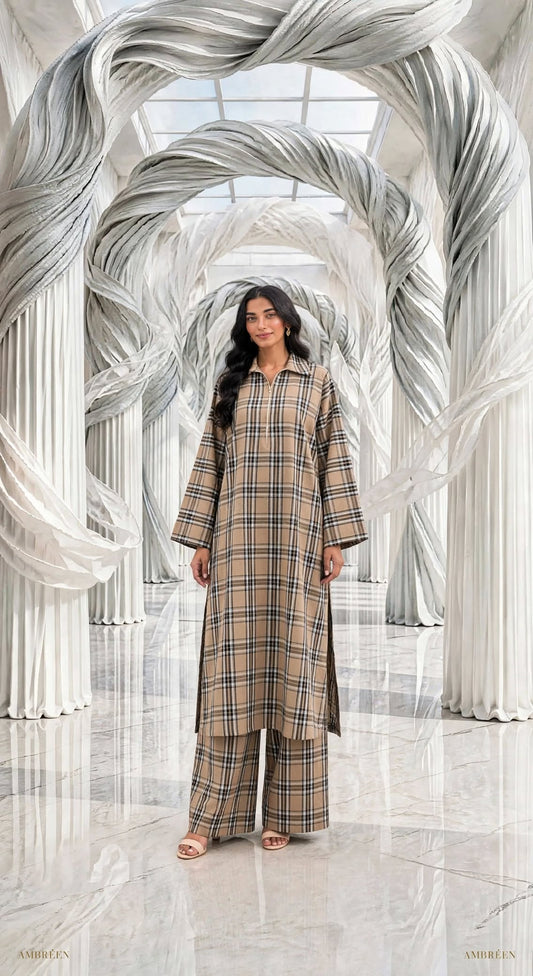 Woolen check long shirt stiched 2 pc skinchk