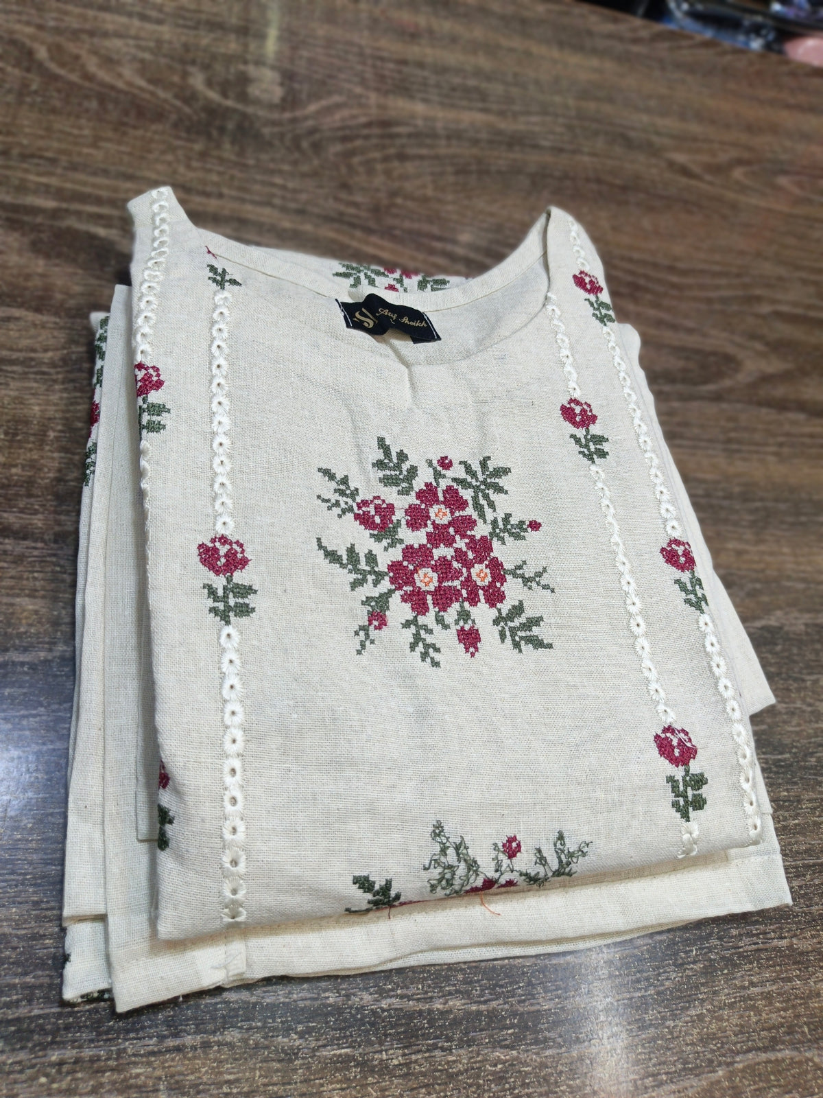 Karandi khaddar embroidered stiched long shirt trouser 3pc mrnflr