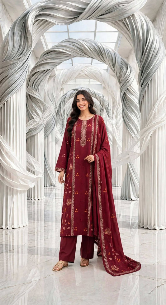 Karandi embroidered stiched long shirt trouser 3pc mrn