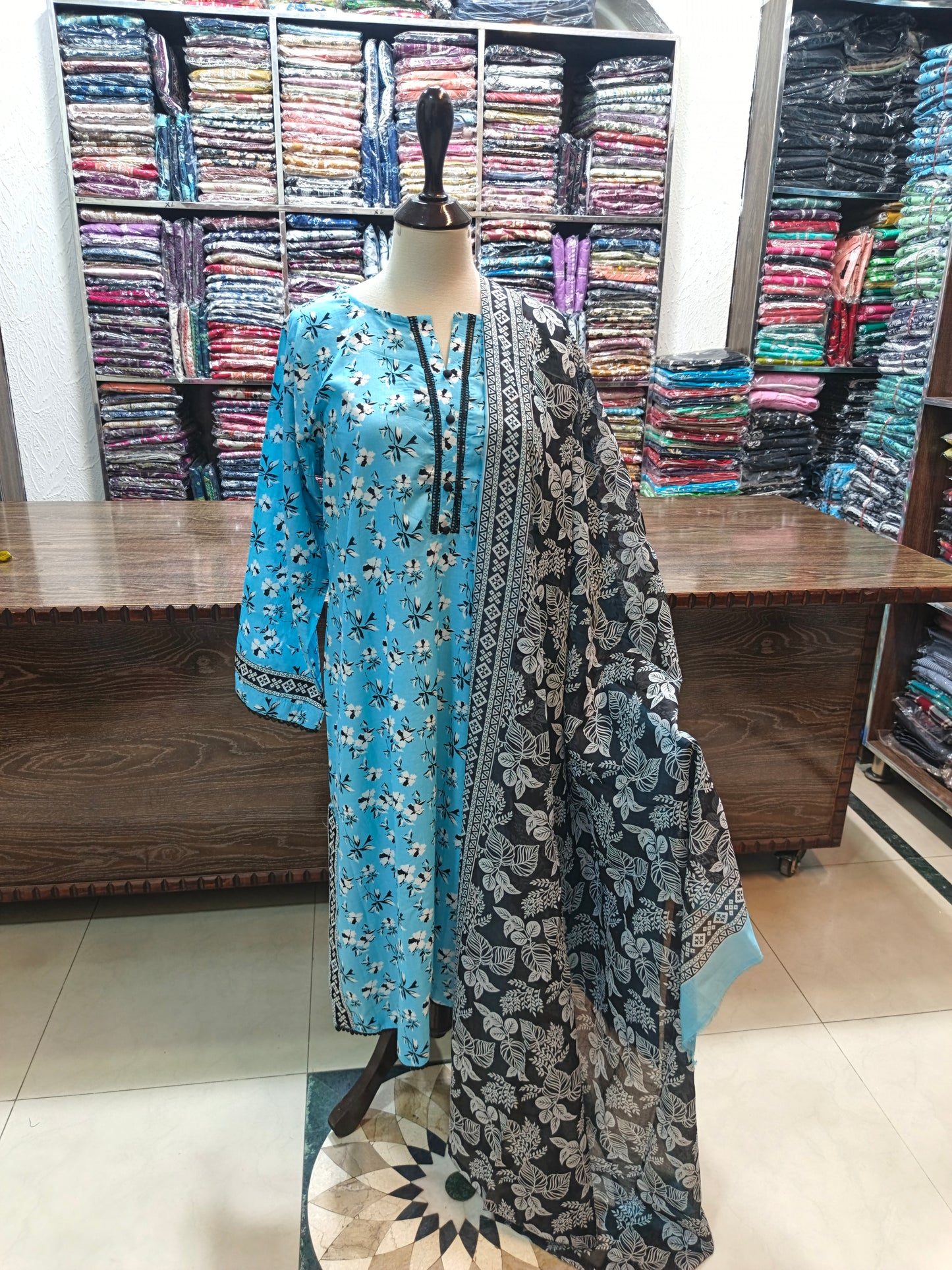 Binsaeed premium lawn stiched shirt trouser 3 pc skyw
