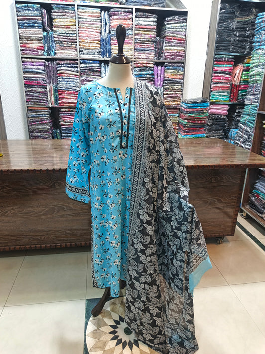Binsaeed premium lawn stiched shirt trouser 3 pc skyw
