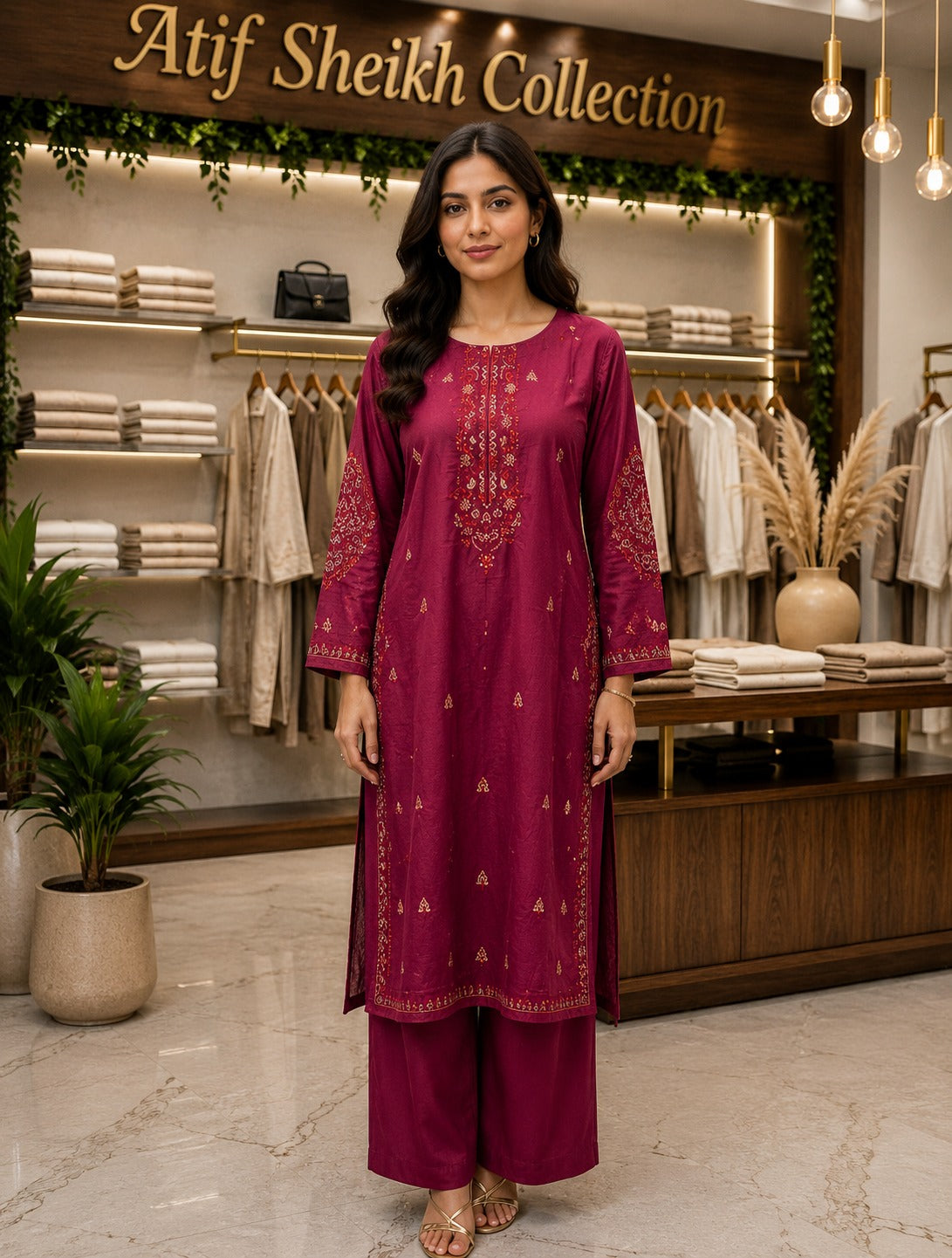 Karandi embroidered stiched shirt trouser 2pc mrn