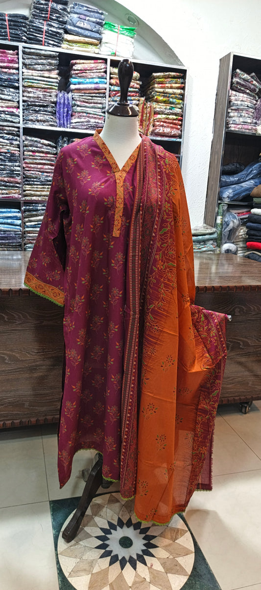 Bin saeed lawn stiched shirt trouser 3 pc