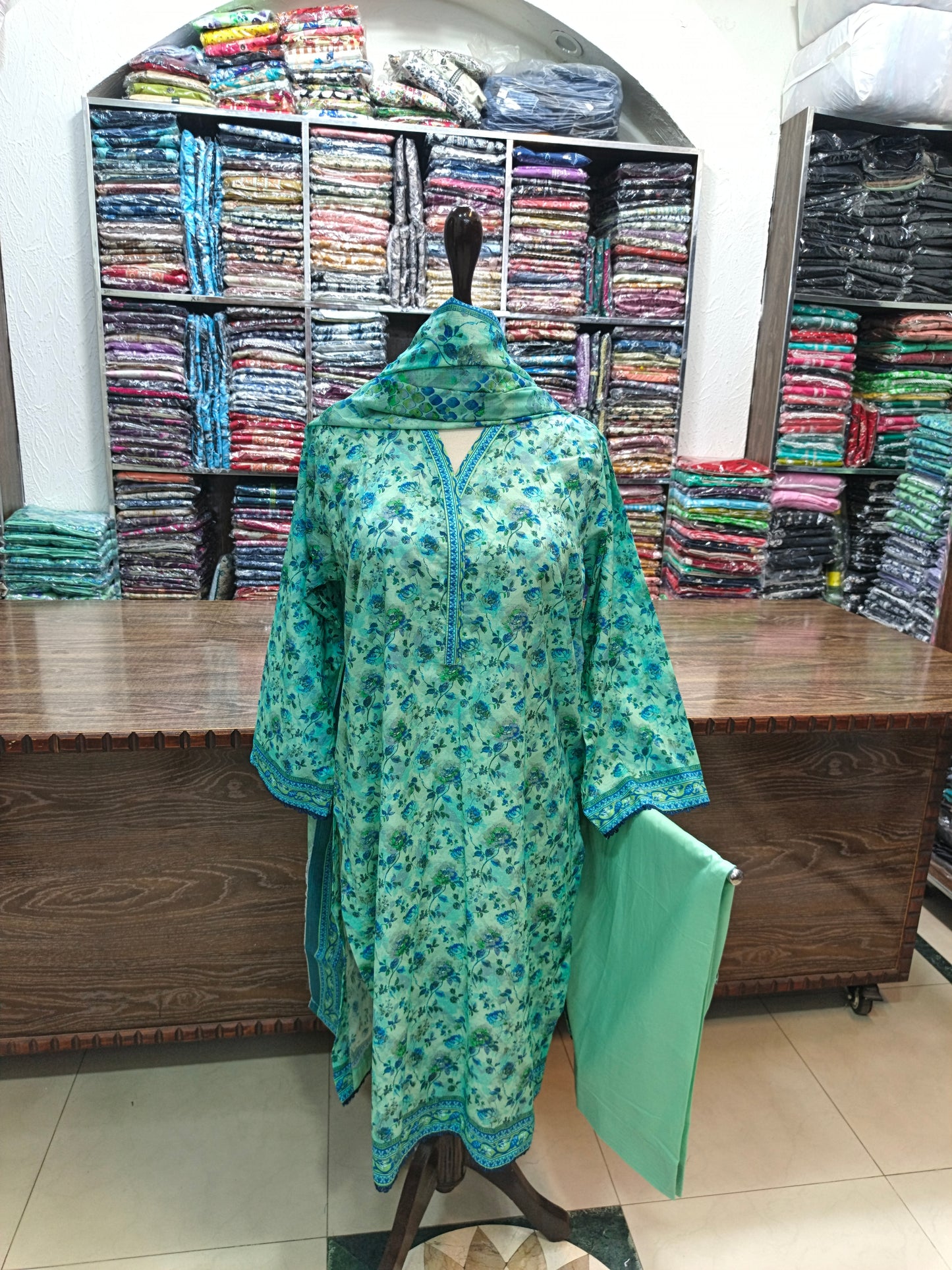 Binsaeed premium lawn stiched shalwar kameez 3pc grnblu2