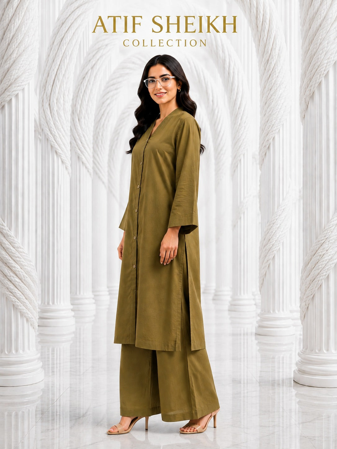 Binsaeed solid khaddar stiched khaddar shirt trouser  2 pc olive