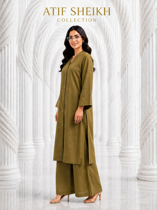 Binsaeed solid khaddar stiched khaddar shirt trouser  2 pc olive