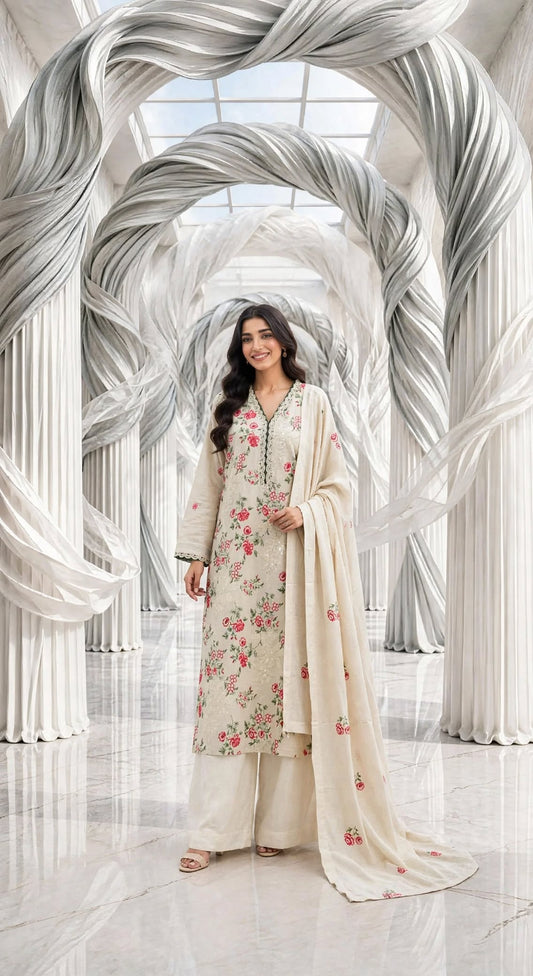 Khaddar embroidered stiched long shirt trouser 3pc mhdifryl