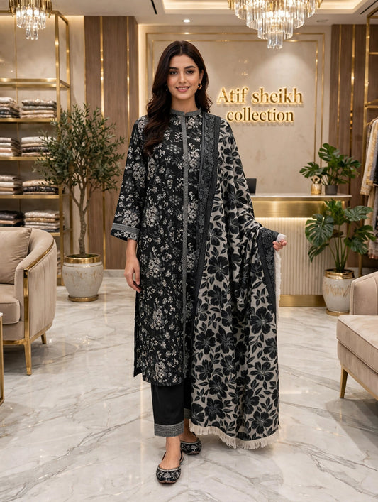 Safina  premium lawn stiched shirt trouser 3 pc blkwt