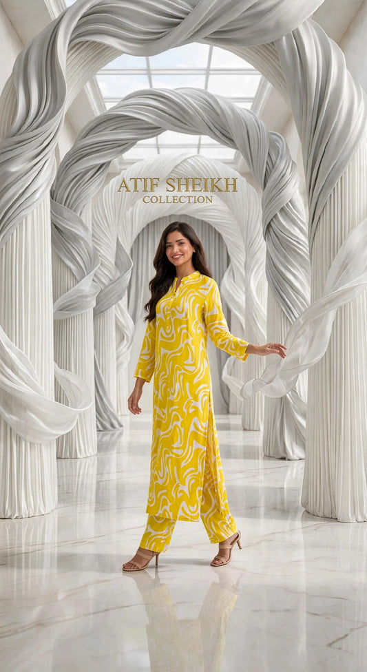 Linen stiched long shirt trouser 2pc yelowt