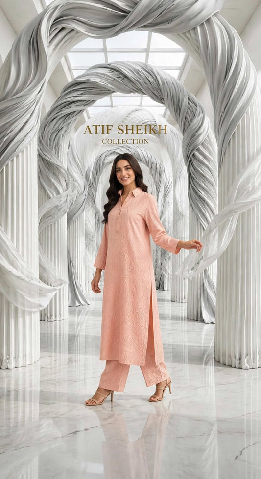 Embossed self jacquard shirt trouser 2pc peach