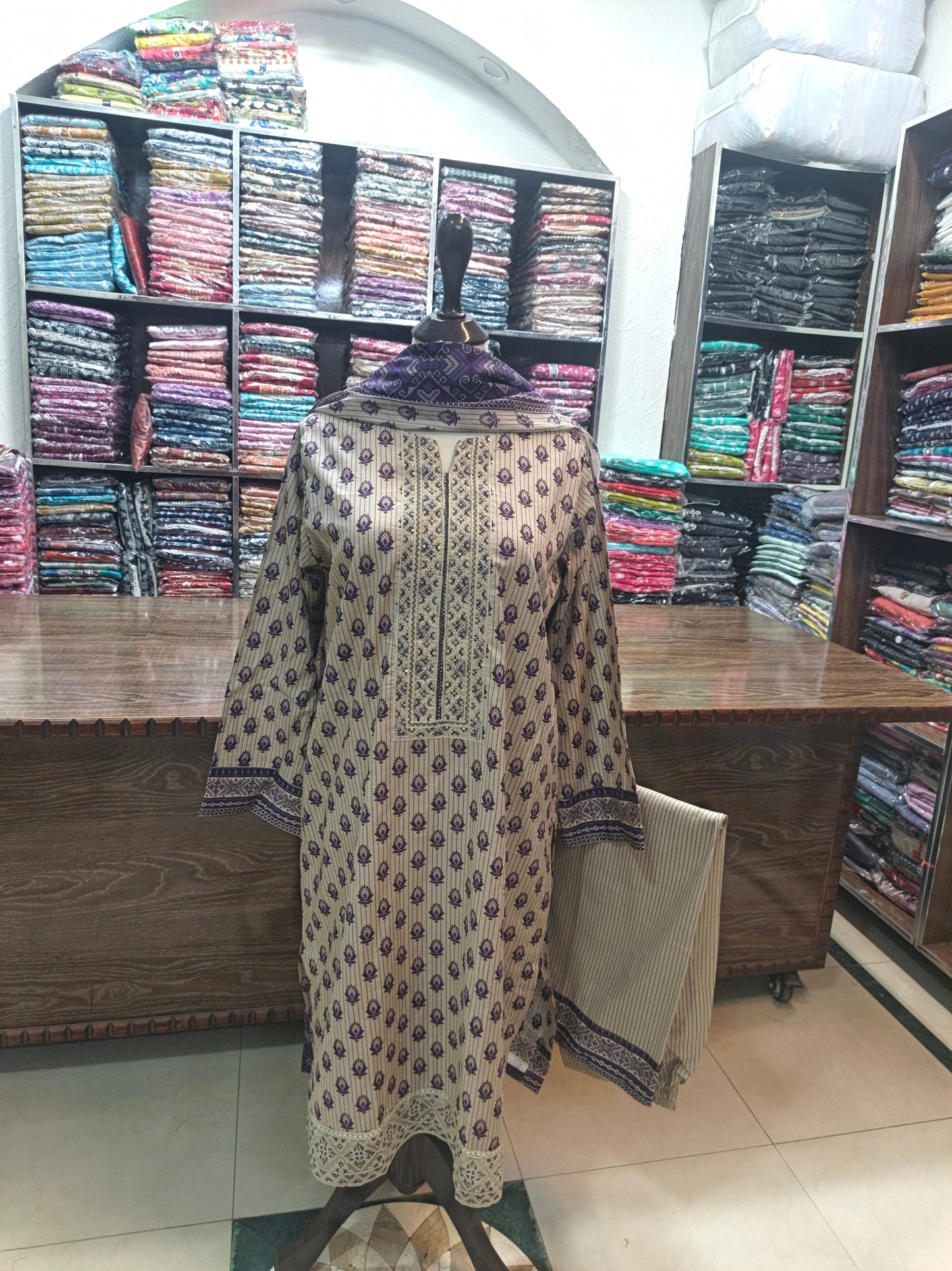 Binsaeed embroidered stiched shirt trouser 3pc prpl