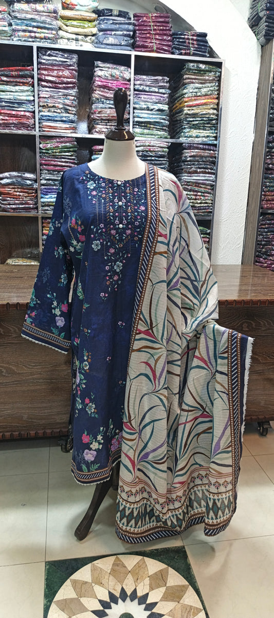 HZ premium lawn embroidered stiched shalwar kameez 3 pc nvy