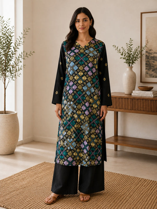 Karandi embroidered stiched long shirt trouser 2pc blkcrs