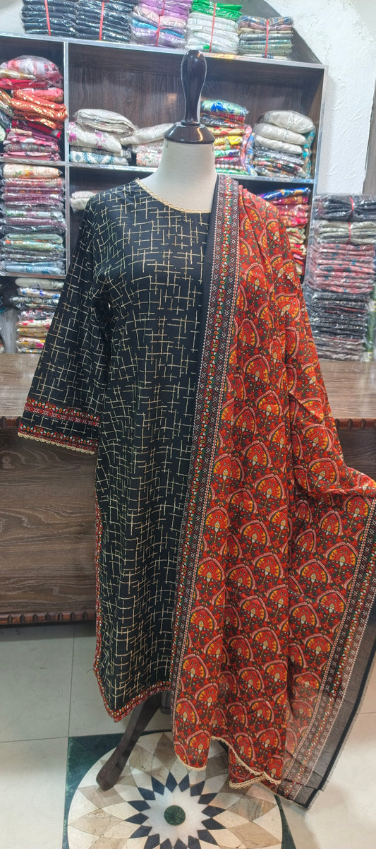 Bin saeed lawn stiched shirt trouser 3 pc