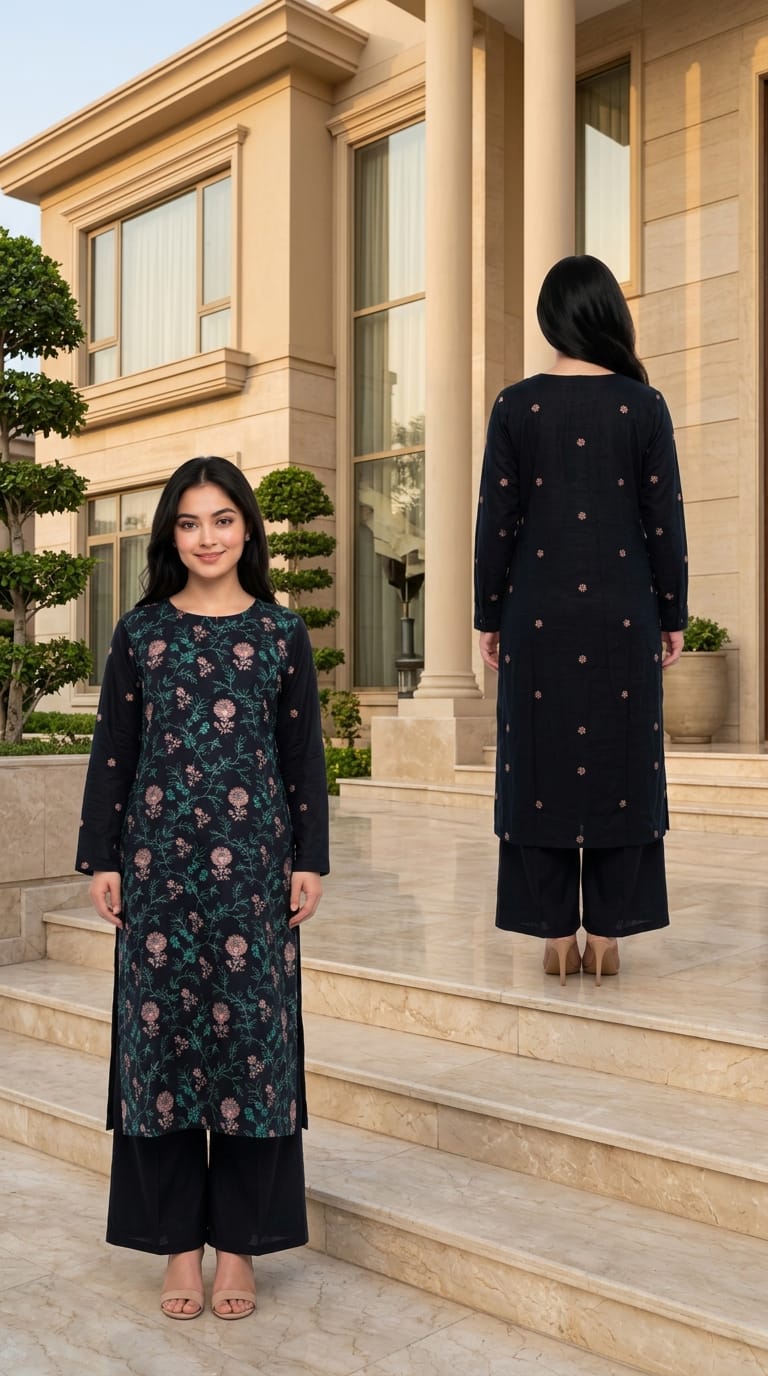 Karandi embroidered long shirt trouser stiched 2 pc blkpch