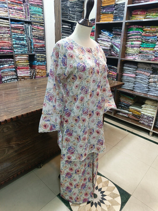 Lawn embroidered stiched short co ord set 2 pc chikn