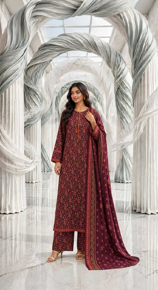 Binsaeed khaddar stiched long shirt trouser 3pc mrnplm