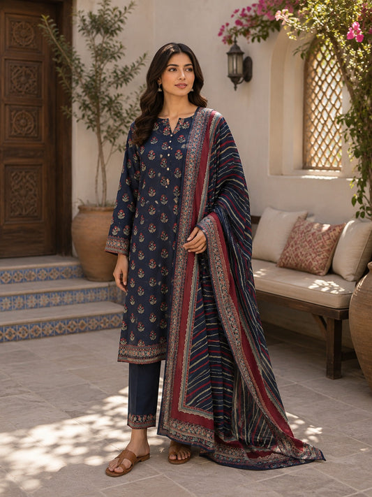 Binsaeed premium lawn stiched shalwar kameez 3 pc navyj