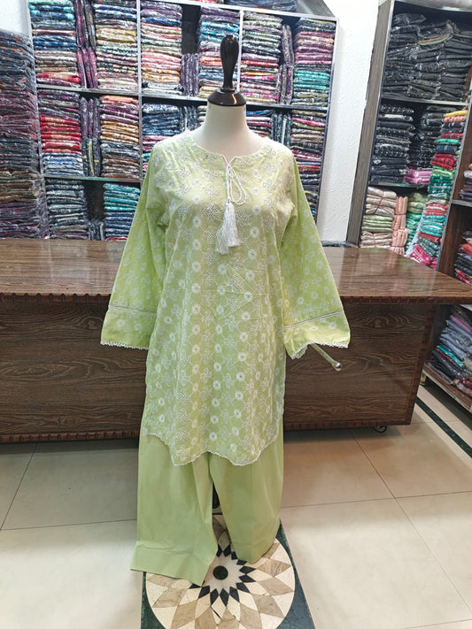 Lawn embroidered stiched short shirt and shalwar 2pc apl