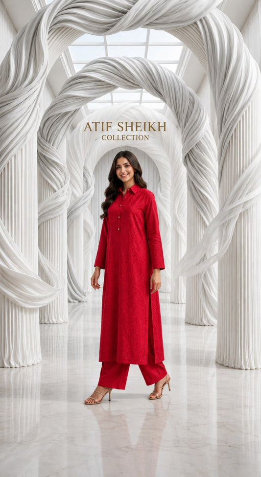 Embossed self jacquard shirt trouser 2pc red