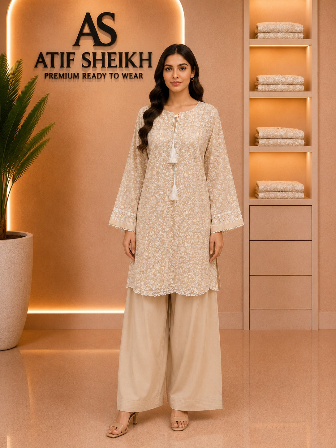 Lawn embroidered stiched short shirt and shalwar 2pc skn