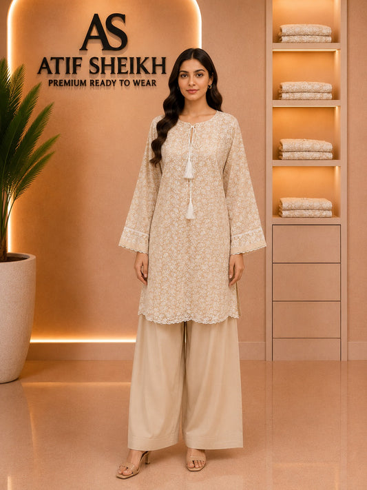 Lawn embroidered stiched short shirt and shalwar 2pc skn