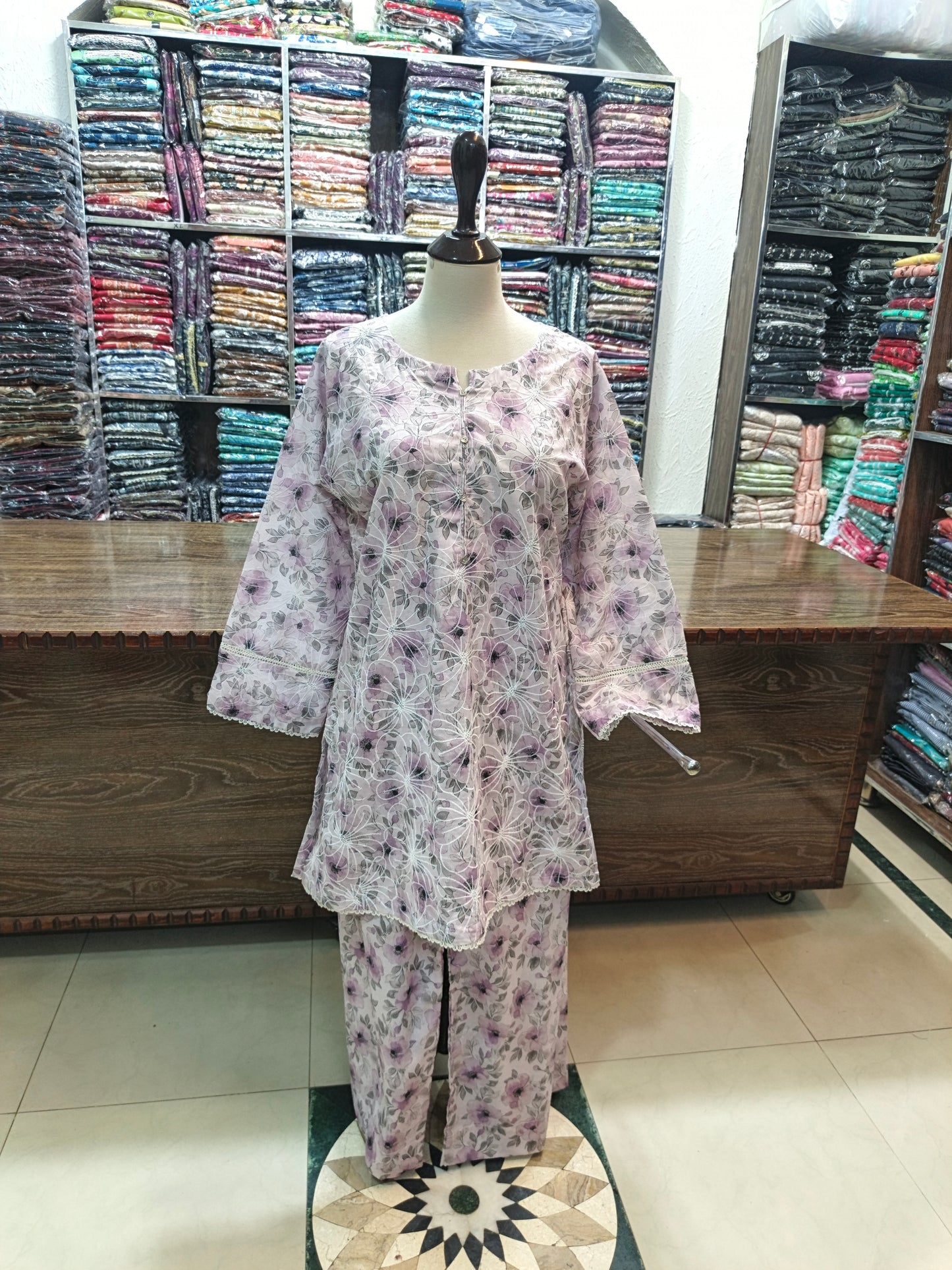 Lawn embroidered stiched short co ord set 2 pc lilc
