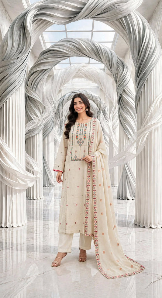 Khaddar embroidered stiched 3pc multi