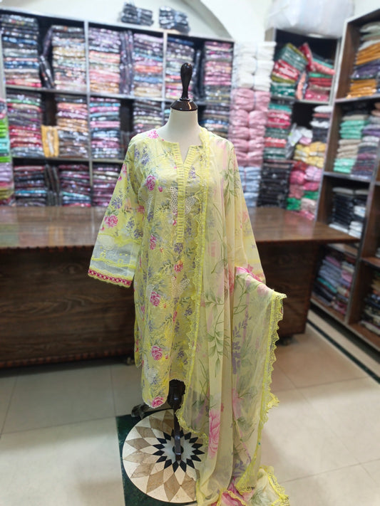 Lawn embroidered stiched shirt trouser 3pc yeloMp