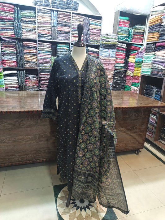 Binsaeed premium lawn stiched shalwar kameez 3pc blkdot