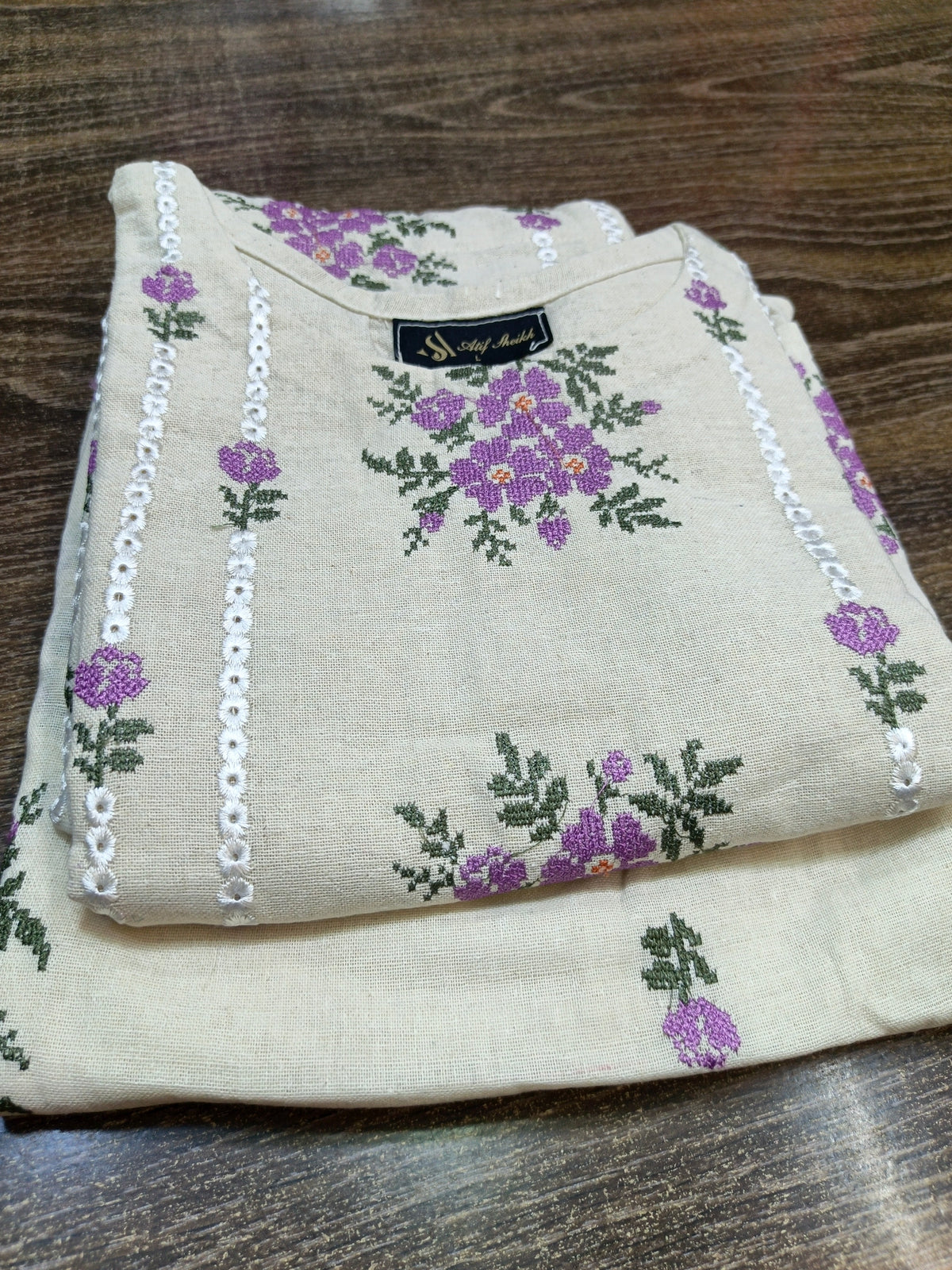 Karandi embroidered stiched long shirt trouser 3pc prplF