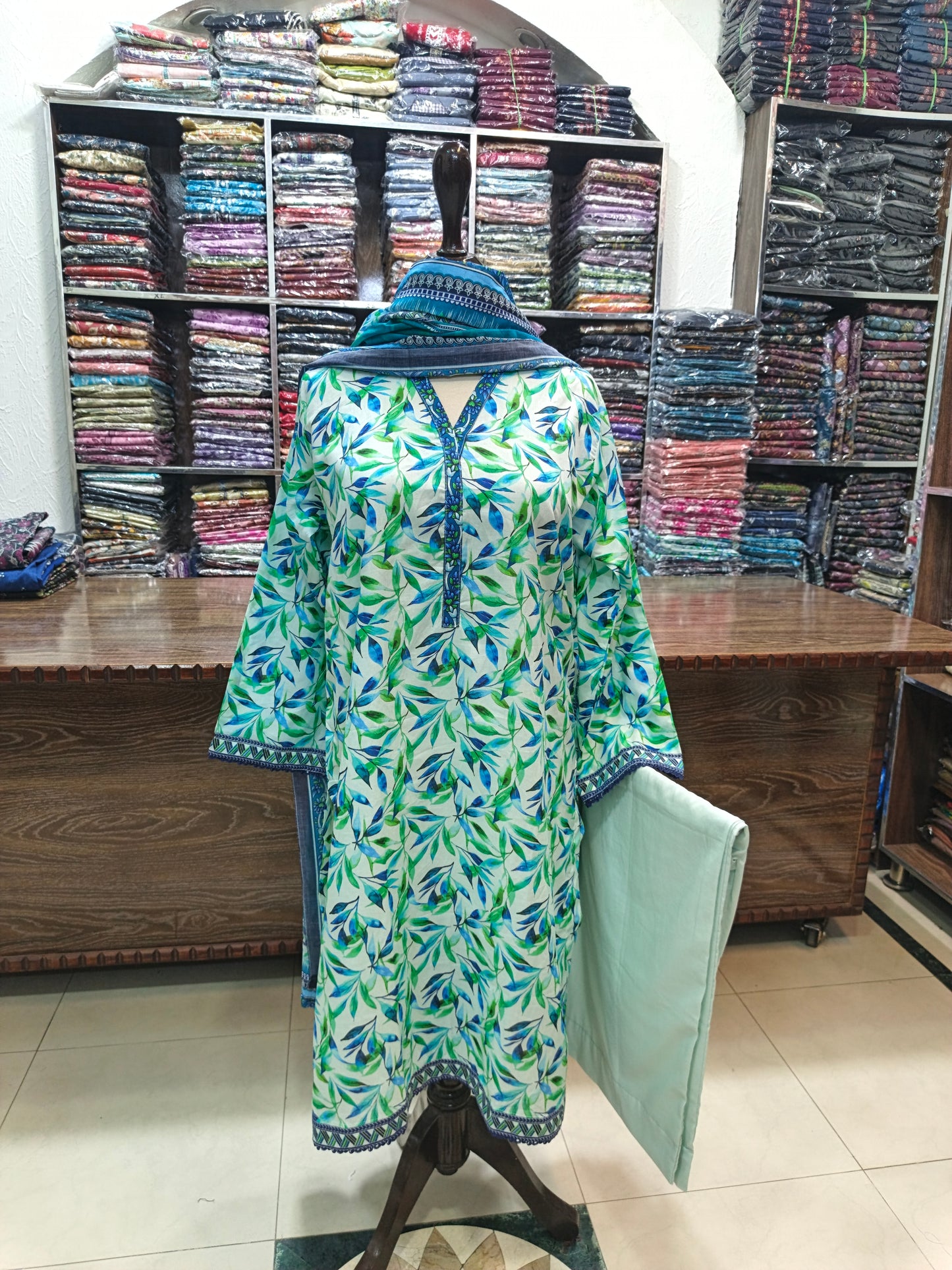 Binsaeed premium lawn stiched shirt trouser stiched 3pc skygrn