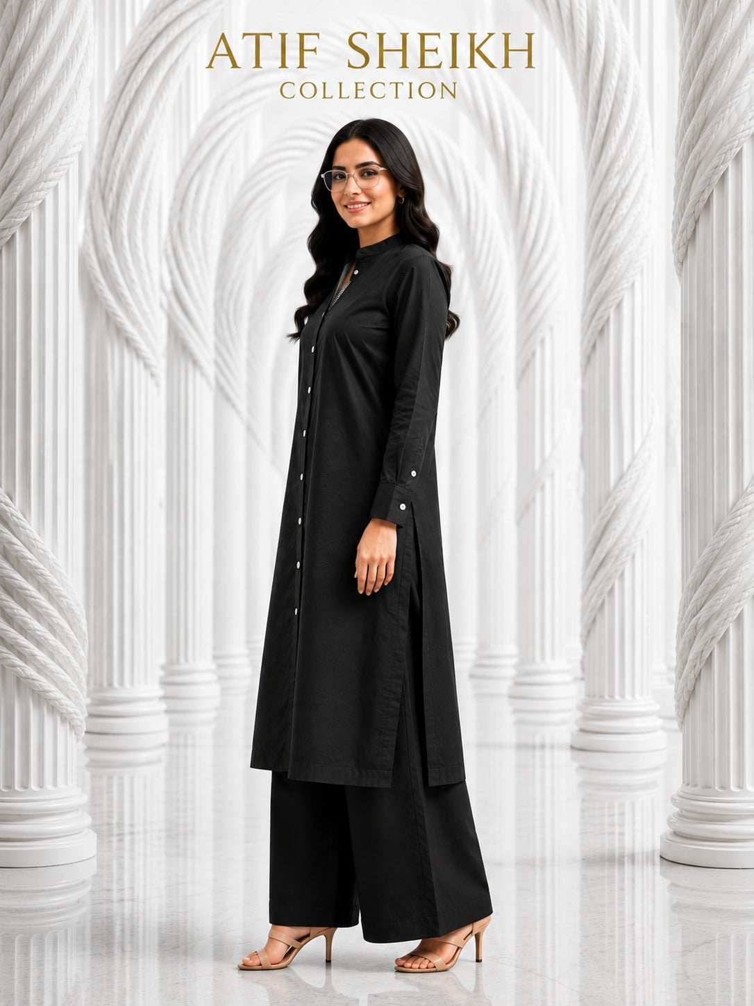 Binsaeed solid khaddar stiched shirt trouser 2 pc blk