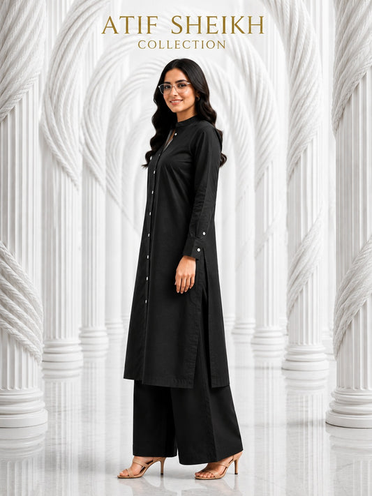 Binsaeed solid khaddar stiched shirt trouser 2 pc blk