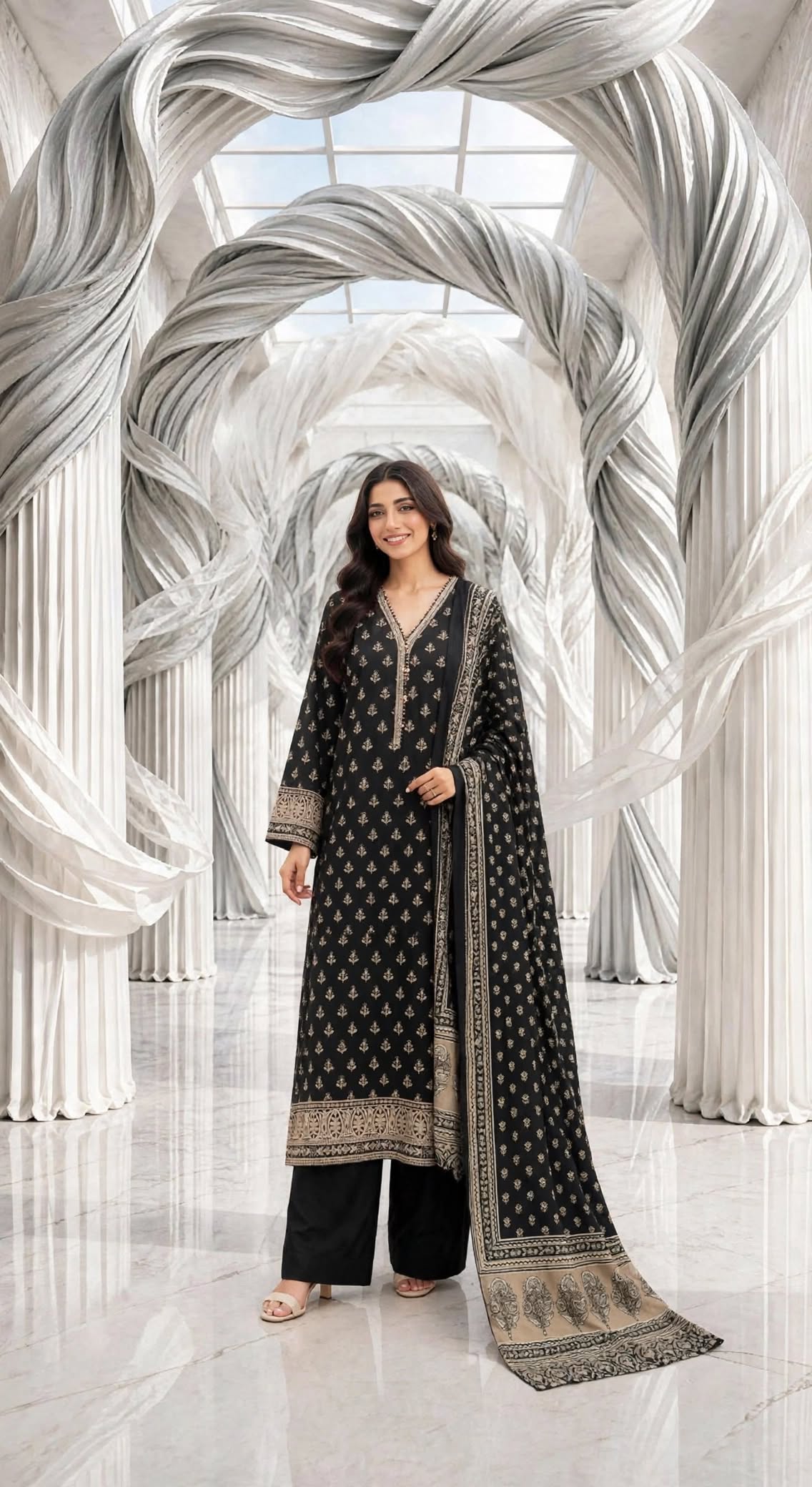 Binsaeed khaddar stiched shalwar kameez 3pc blkskn