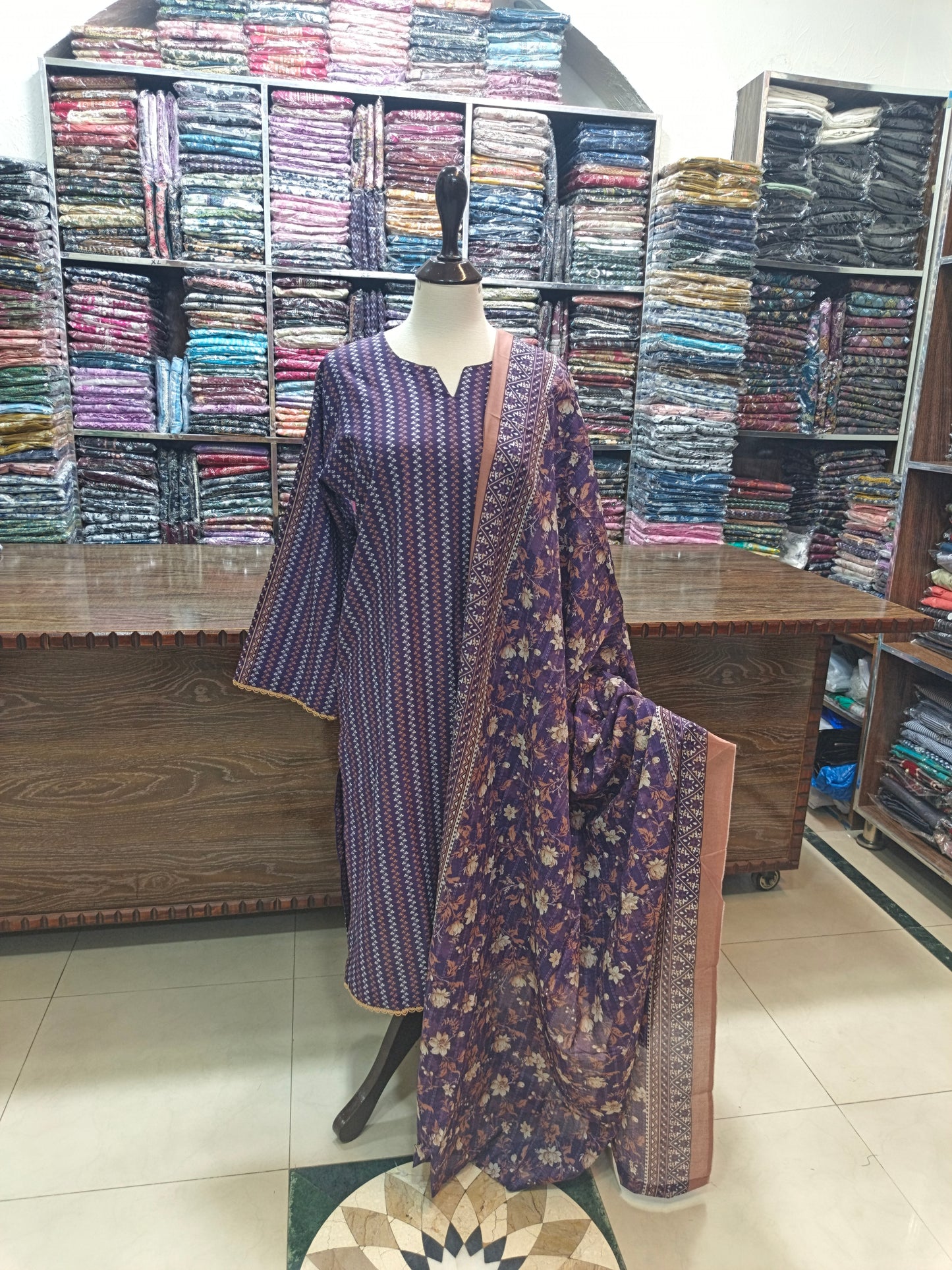 Bin saeed premium lawn stiched shirt trouser 3pc prplstrp