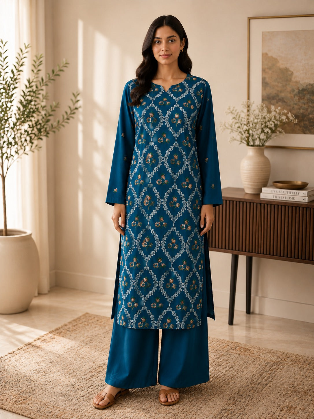 Karandi embroidered stiched long shirt trouser  2 pc frztkri