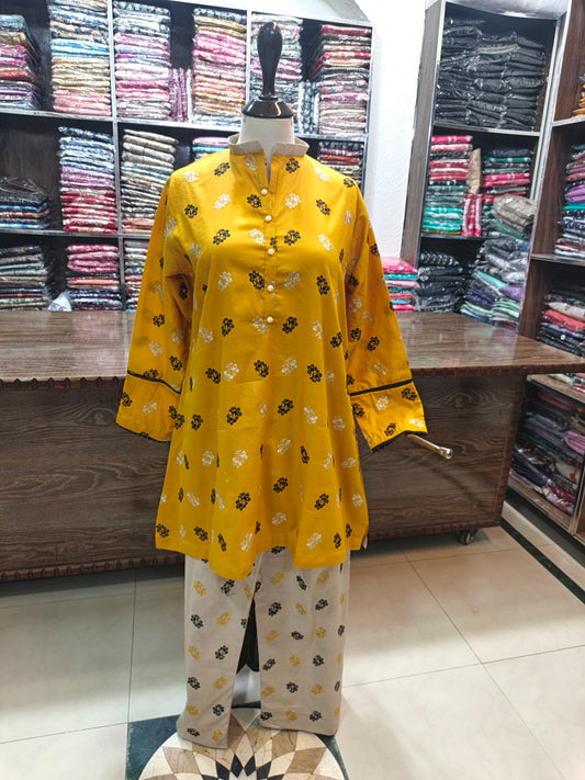 Breeze embroidered stiched lawn short shirt trouser 2 pc yelo