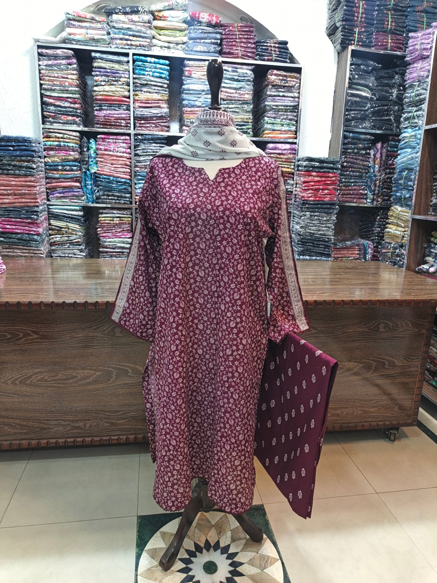 Binsaeed premium lawn stiched shirt trouser stiched 3pc Burg