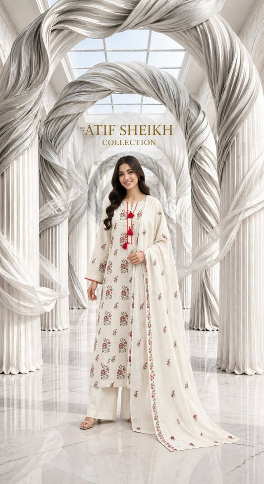 Karandi khaddar embroidered stiched long shirt trouser 3pc prplpnk