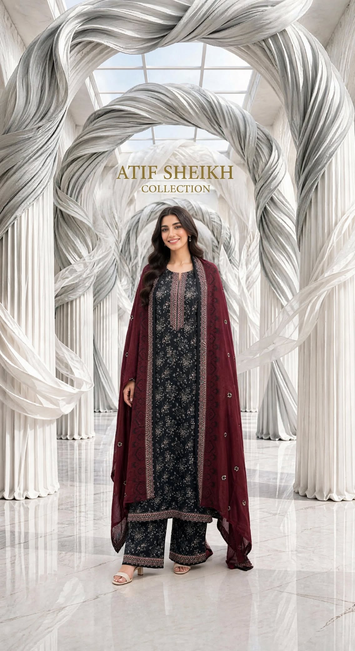 Binsaeed khaddar stiched long shirt trouser 3pc nvymrn