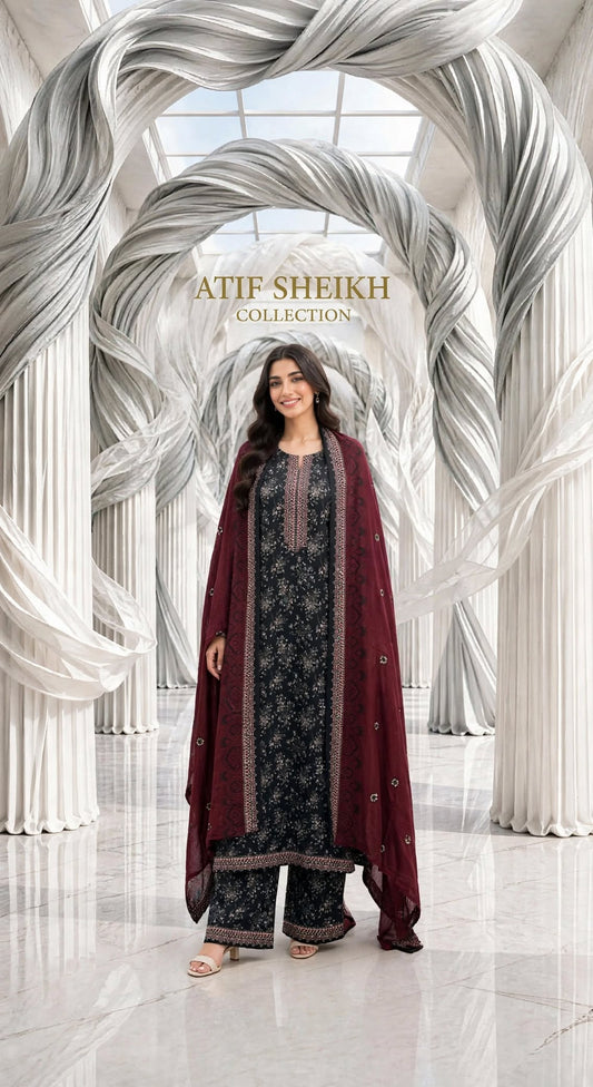 Binsaeed khaddar stiched long shirt trouser 3pc blkmrn