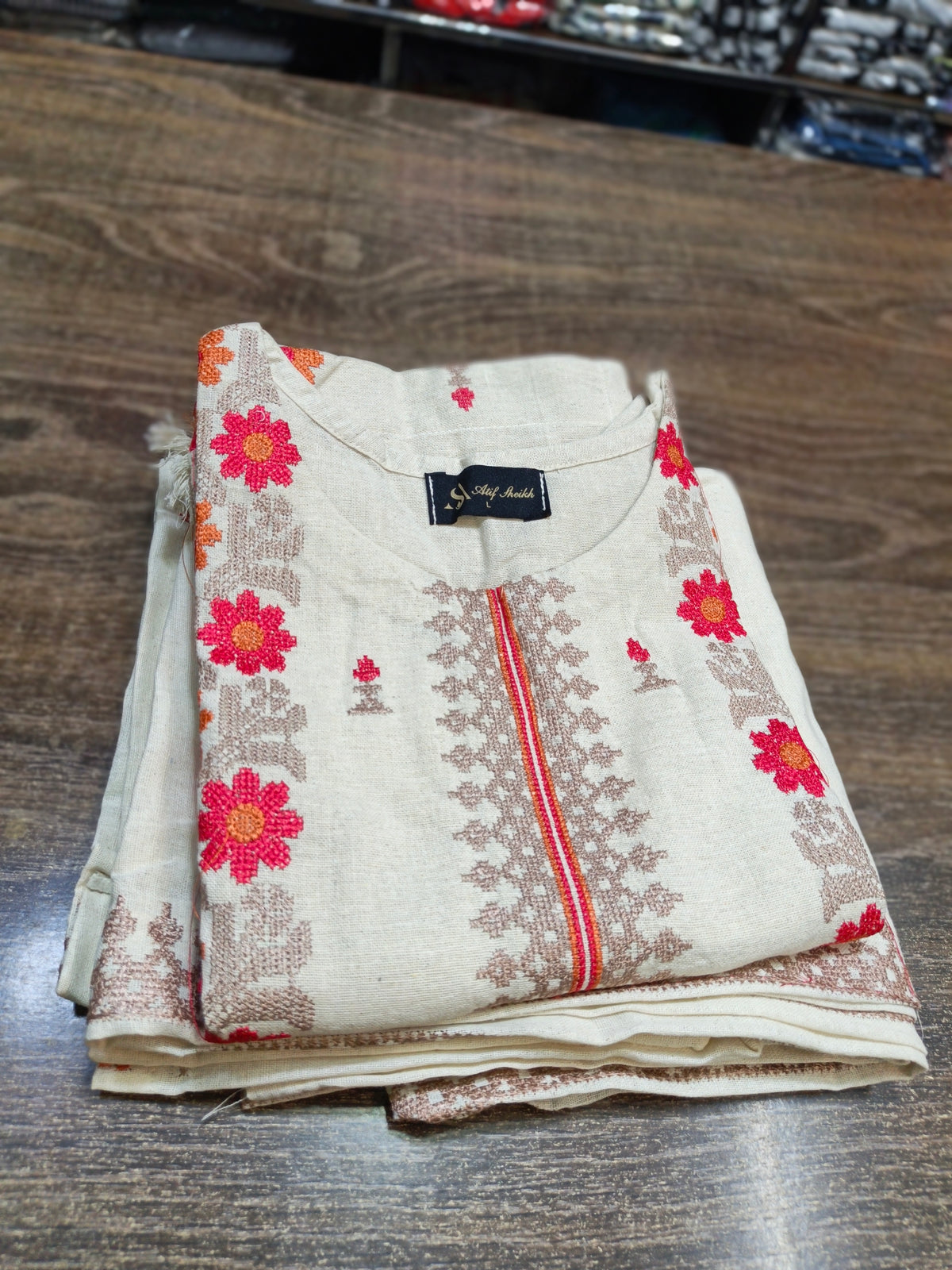 Karandi khaddar embroidered stiched long shirt trouser 3pc pchskn