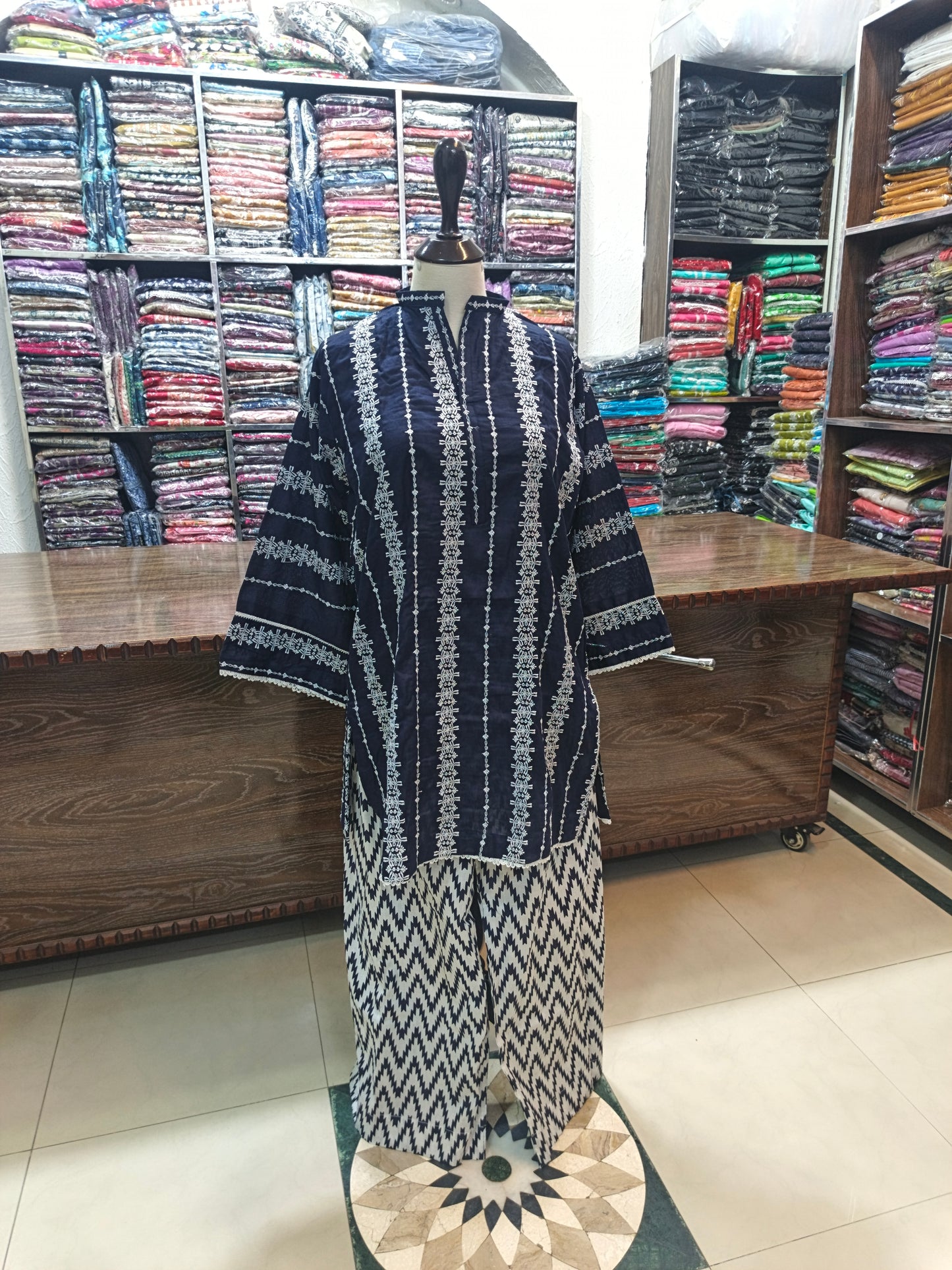 Embroidered stiched lawn short shirt trouser 2 pc nvy